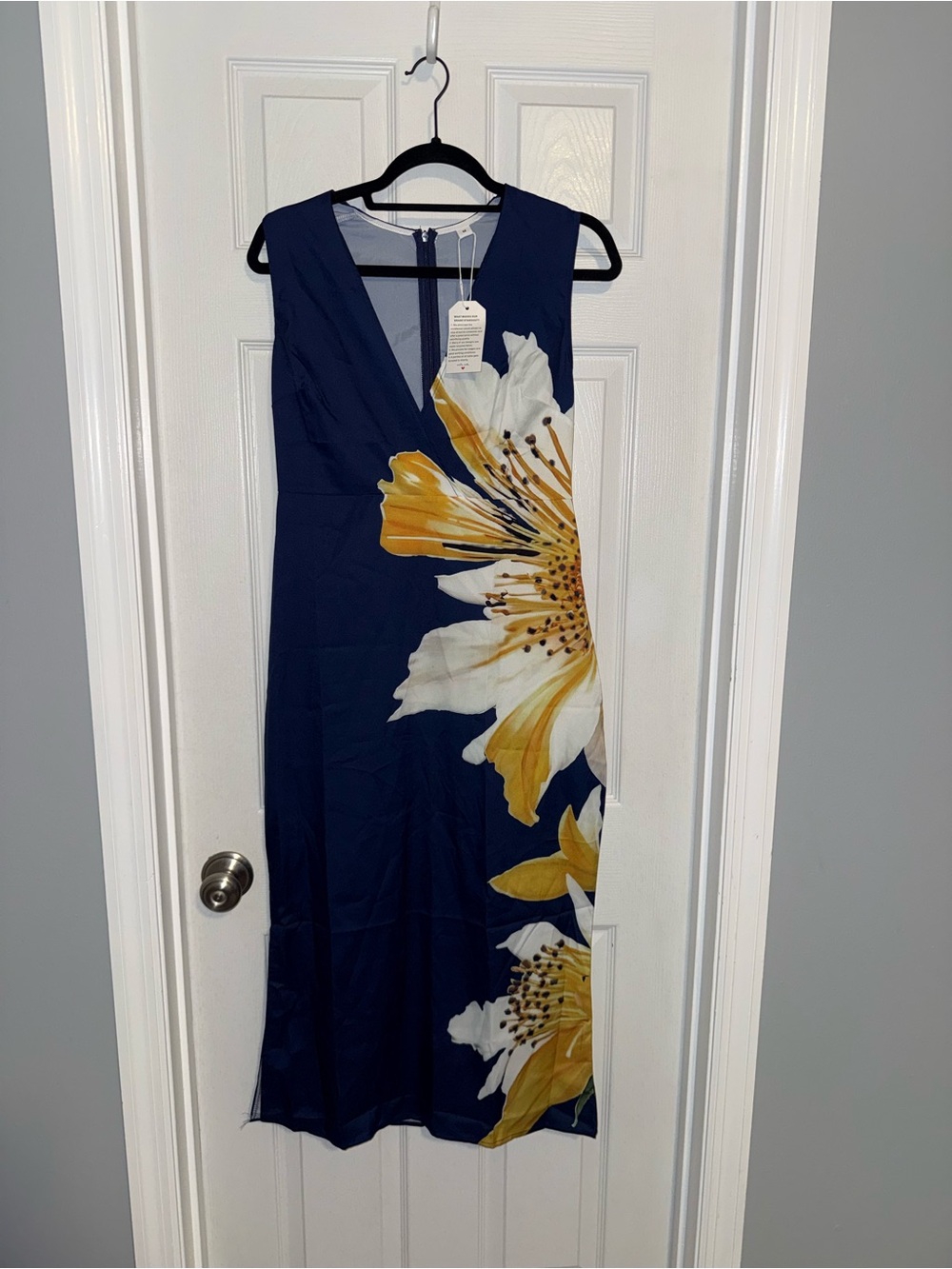 Sleeveless Navy Midi Dress with Yellow & White Floral Print